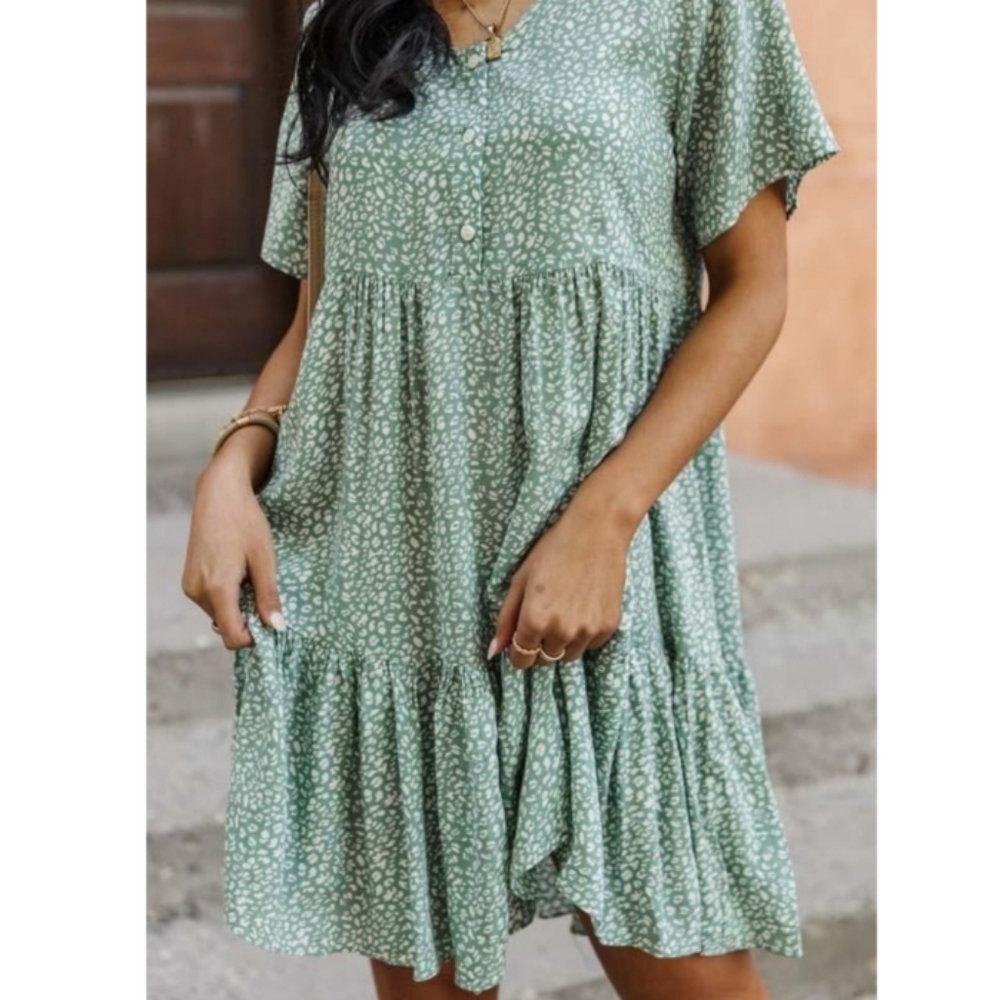 Bohme Logan Mini Dress Sage Green Animal Print Large Casual Boho Festival